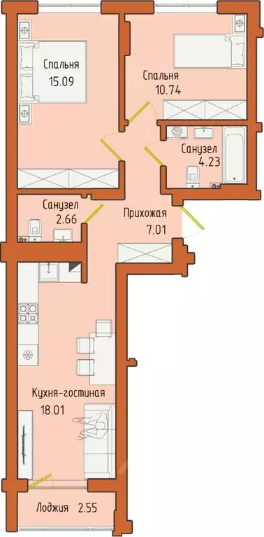 2-к кв. Калининградская область, Светлогорск пос. Отрадное,  (60.29 м) - Фото 0