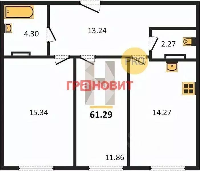 Квартира, 2 комнаты, 61.29 м - Фото 0