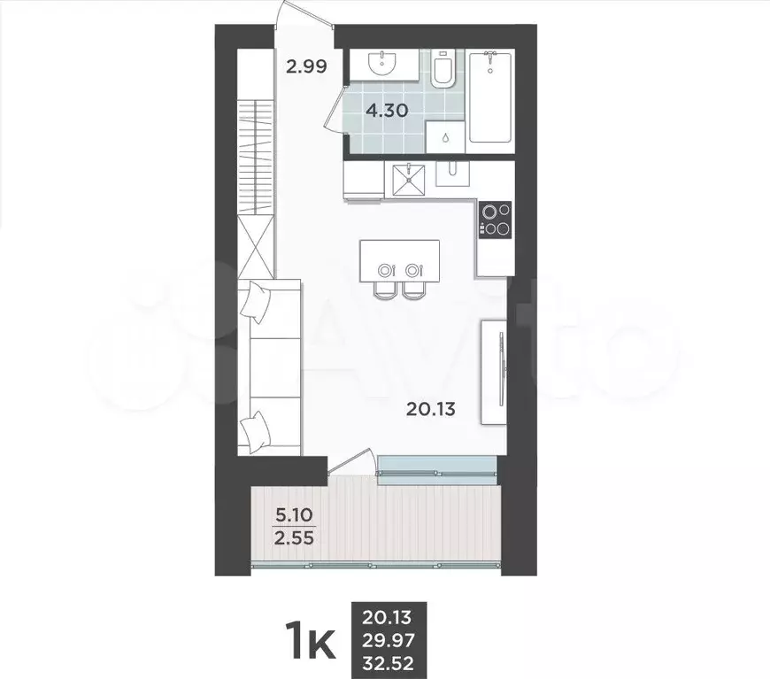 Квартира-студия, 30,2 м, 5/9 эт. - Фото 1