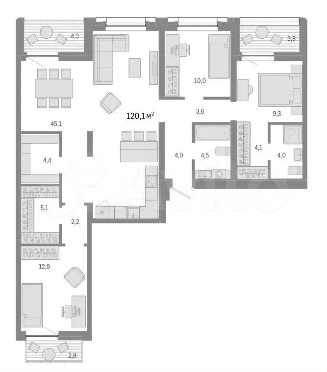 4-к. квартира, 120,1 м, 8/9 эт. - Фото 0