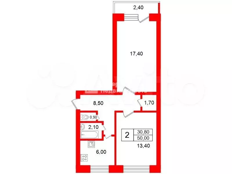 2-к. квартира, 50 м, 7/9 эт. - Фото 0