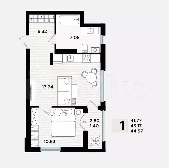1-к. квартира, 43,2 м, 2/5 эт. - Фото 1