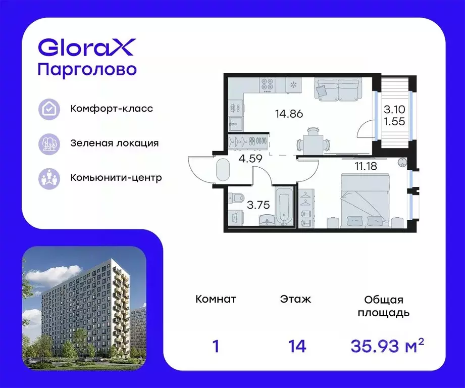 1-к кв. Санкт-Петербург пос. Парголово, Глоракс Парголово жилой ... - Фото 0