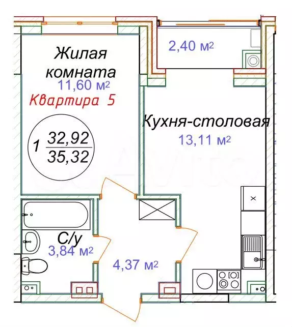 1-к. квартира, 35,3 м, 1/5 эт. - Фото 1