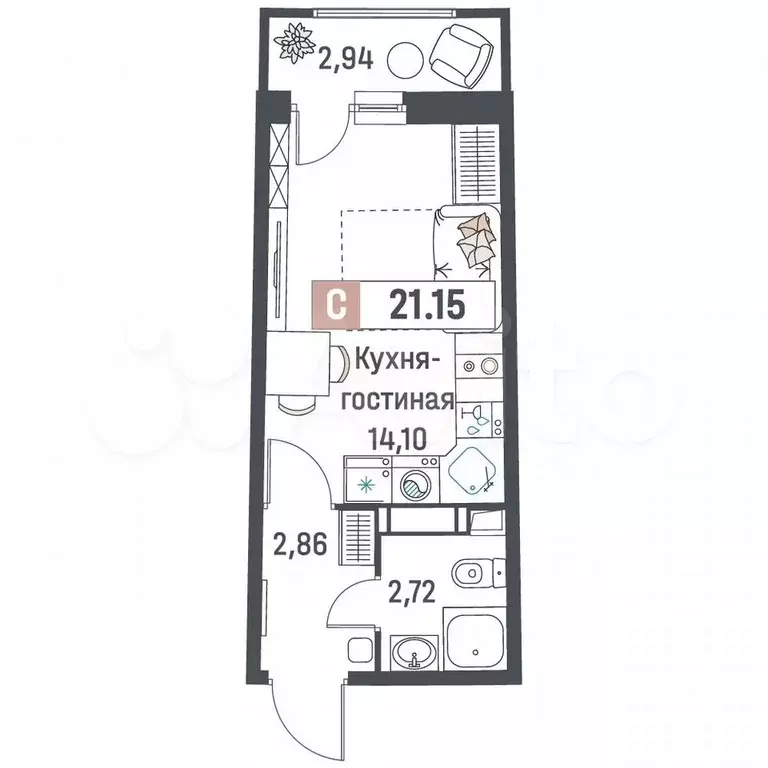 Квартира-студия, 21,2 м, 17/18 эт. - Фото 0