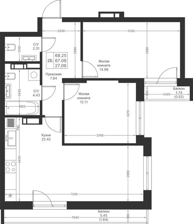 2-комнатная квартира: Казань, ЖК Мой Ритм (69.25 м) - Фото 1