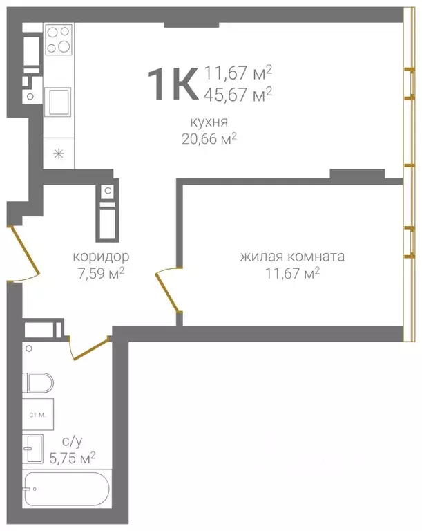 1-к кв. Нижегородская область, Нижний Новгород Казанское ш. (45.67 м) - Фото 1