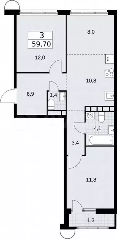 3-к. квартира, 59,7м, 10/10эт. - Фото 1