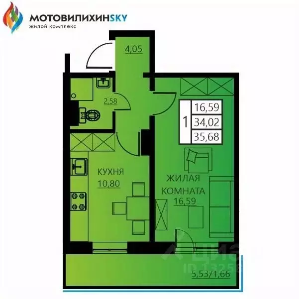 1-к кв. Пермский край, Пермь ул. Гашкова, 53к3 (35.68 м) - Фото 0
