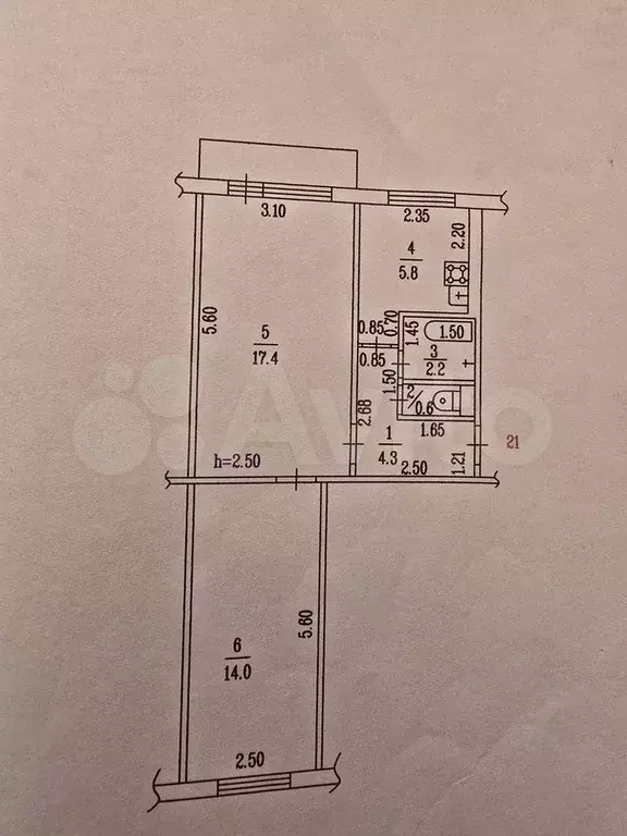 2-к. квартира, 44,3 м, 2/5 эт. - Фото 0
