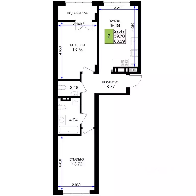 2-к кв. Калининградская область, Гурьевск Включи жилой комплекс (63.29 ... - Фото 1