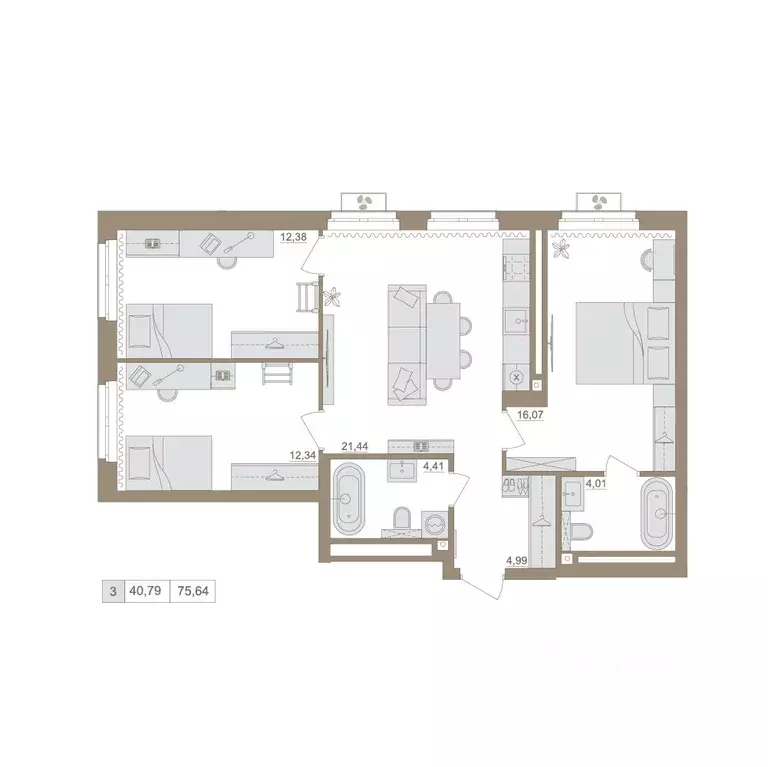3-к кв. Башкортостан, Уфа бул. Яркий (75.64 м) - Фото 0