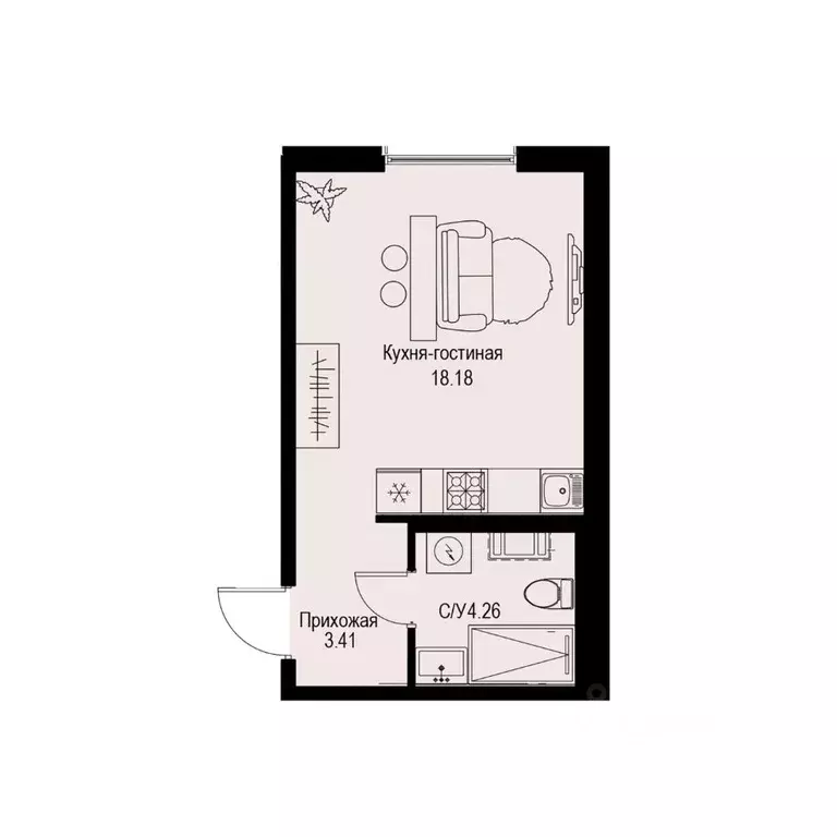 Студия Санкт-Петербург ул. Профессора Попова, 38 (25.85 м) - Фото 0