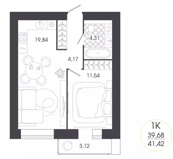Квартира, 1 комната, 41.42 м - Фото 2