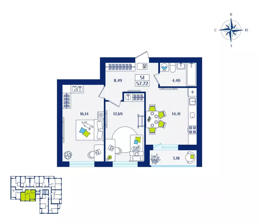 2-к кв. Калининградская область, Зеленоградск  (57.72 м) - Фото 1