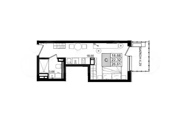 Апартаменты-студия, 26,6 м, 5/8 эт. - Фото 0