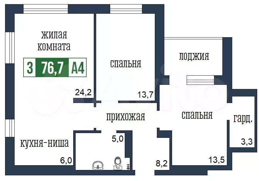 3-к. квартира, 76,8 м, 8/24 эт. - Фото 0