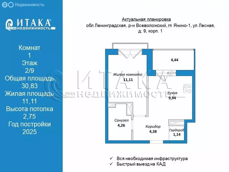1-комнатная квартира: Янино-1, ЖК Янила Драйв (30.83 м) - Фото 1