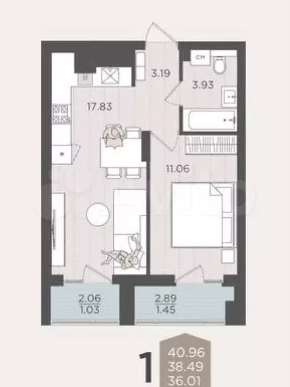 1-к. квартира, 38,5 м, 1/9 эт. - Фото 1