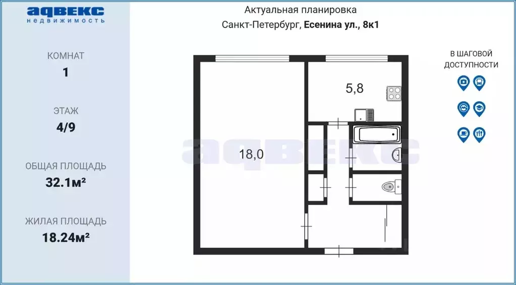 1-к кв. Санкт-Петербург ул. Есенина, 8К1 (32.1 м) - Фото 1