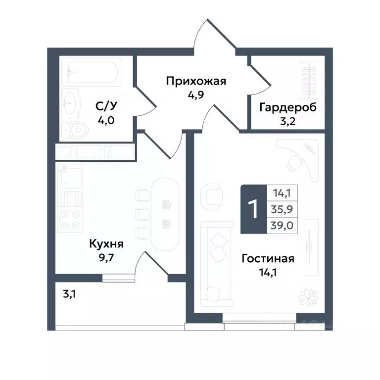 1-к кв. Ставропольский край, Ставрополь ул. Андрея Голуба, 11Б (39.0 ... - Фото 1