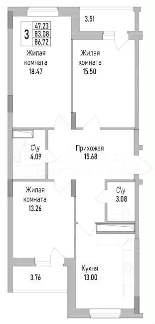 3-к. квартира, 86,7 м, 4/18 эт. - Фото 0