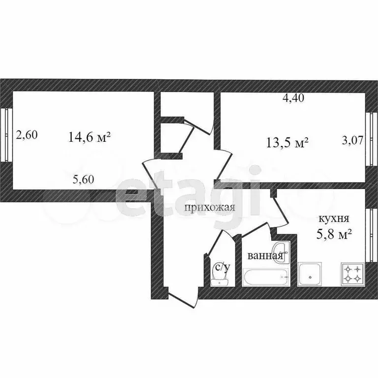 2-к. квартира, 44,7 м, 3/5 эт. - Фото 0