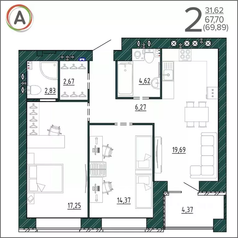 2-к кв. Брянская область, Брянск ул. Ульянова (69.89 м) - Фото 0