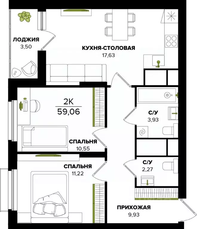 2-к кв. Тульская область, Тула  (59.06 м) - Фото 0