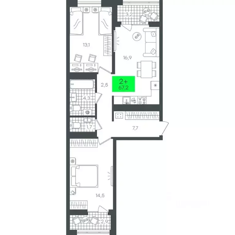 2-к кв. Тюменская область, Тюмень ул. Василия Малкова, 3 (67.22 м) - Фото 0