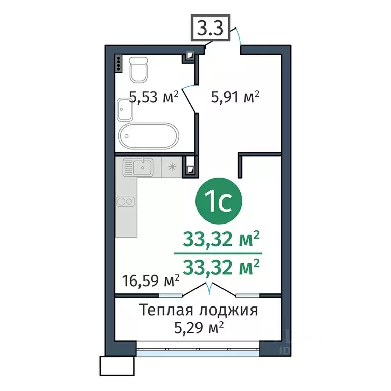 Студия Тюменская область, Тюмень ул. Краснооктябрьская, 12 (33.32 м) - Фото 0