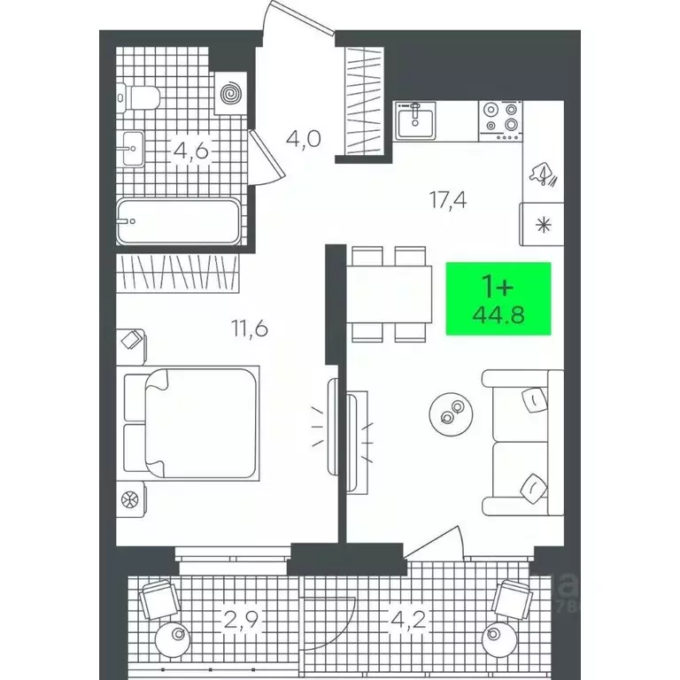 1-к кв. Тюменская область, Тюмень ул. Василия Малкова, 19 (44.8 м) - Фото 0