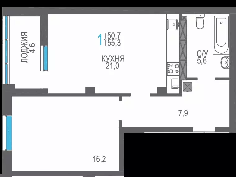 Продаётся 1-к квартира, 55.3 м - Фото 1