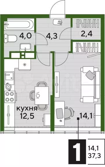 1-к. квартира, 37,3 м, 15/16 эт. - Фото 0