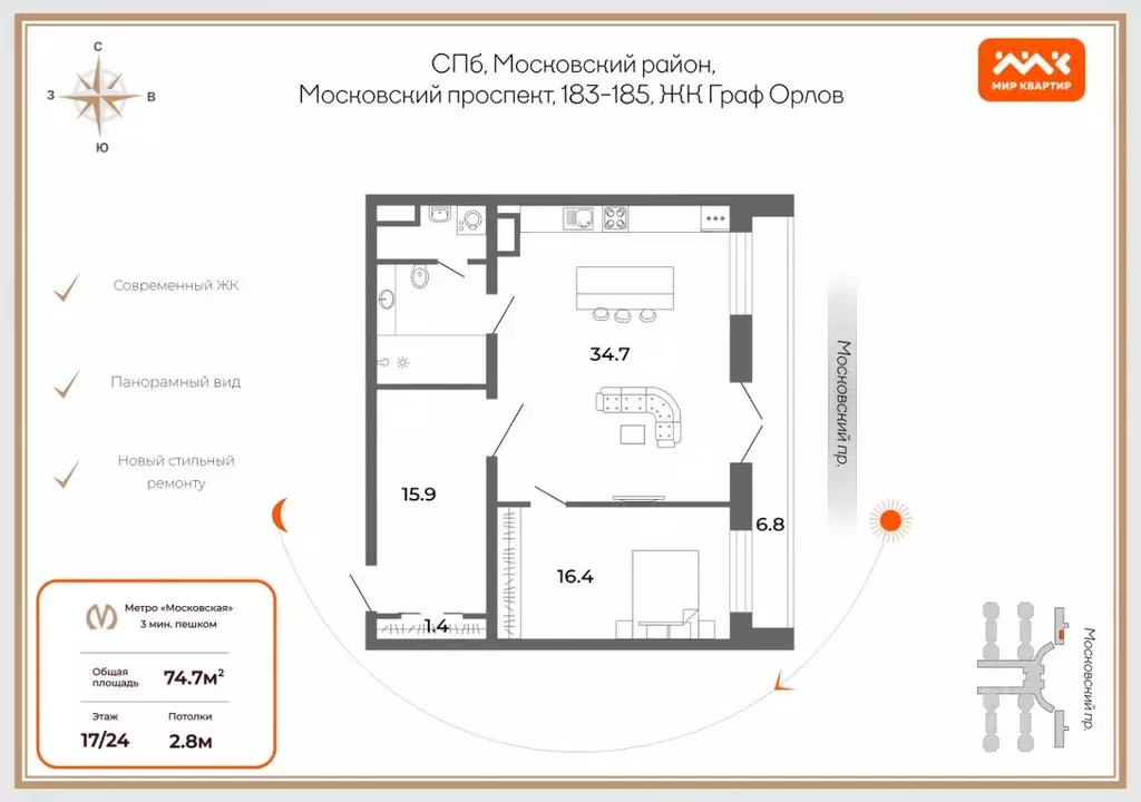 1-к кв. Санкт-Петербург Московский просп., 183-185 (74.7 м) - Фото 2