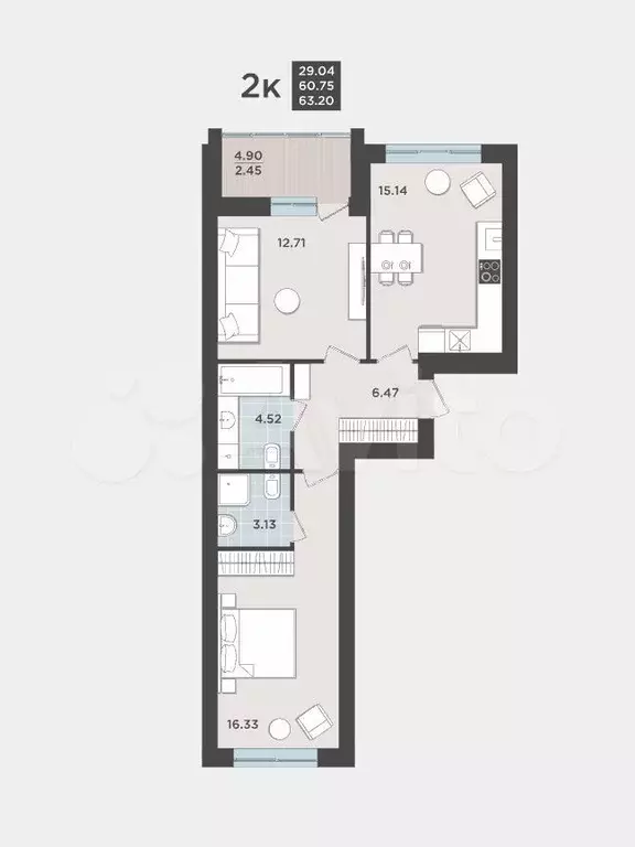 2-к. квартира, 60,8 м, 1/9 эт. - Фото 1