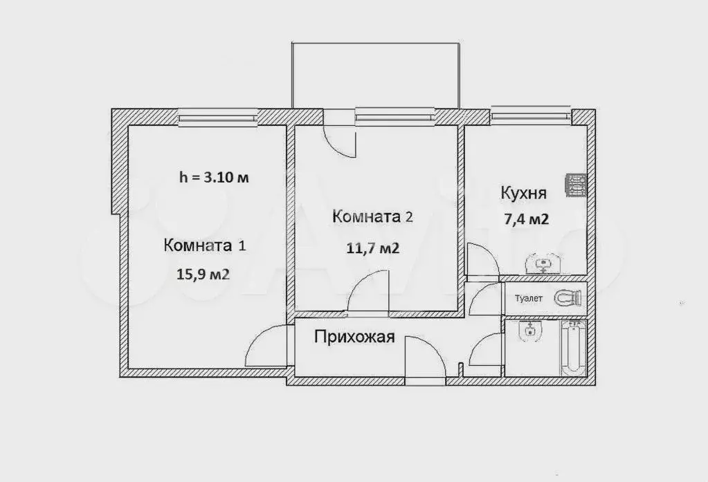 2-к. квартира, 37,4 м, 4/5 эт. - Фото 0