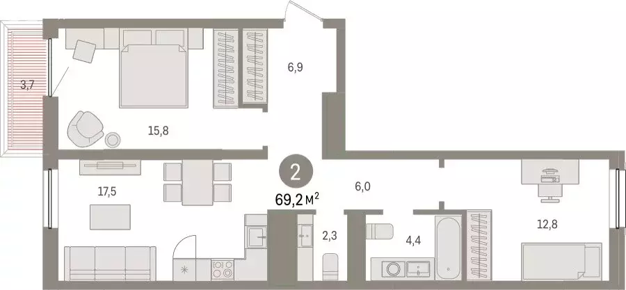 2-комнатная квартира: Тюмень, Мысовская улица, 26к1 (69.21 м) - Фото 1