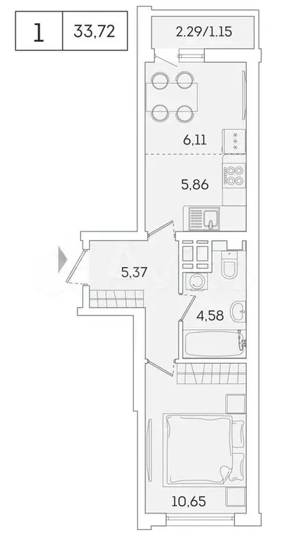 1-к. квартира, 32,7 м, 15/16 эт. - Фото 1