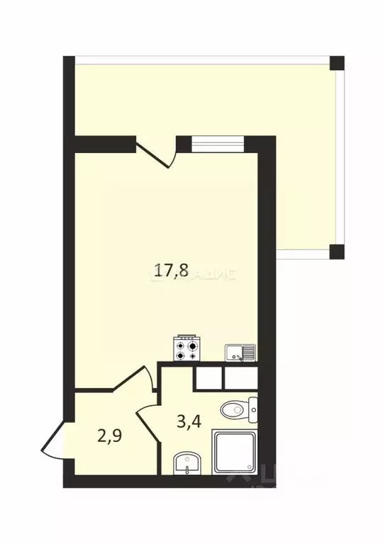 Студия Санкт-Петербург ул. Летчика Лихолетова, 14к2 (24.1 м) - Фото 2