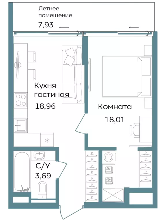 1-к квартира, 48.59 м - Фото 0