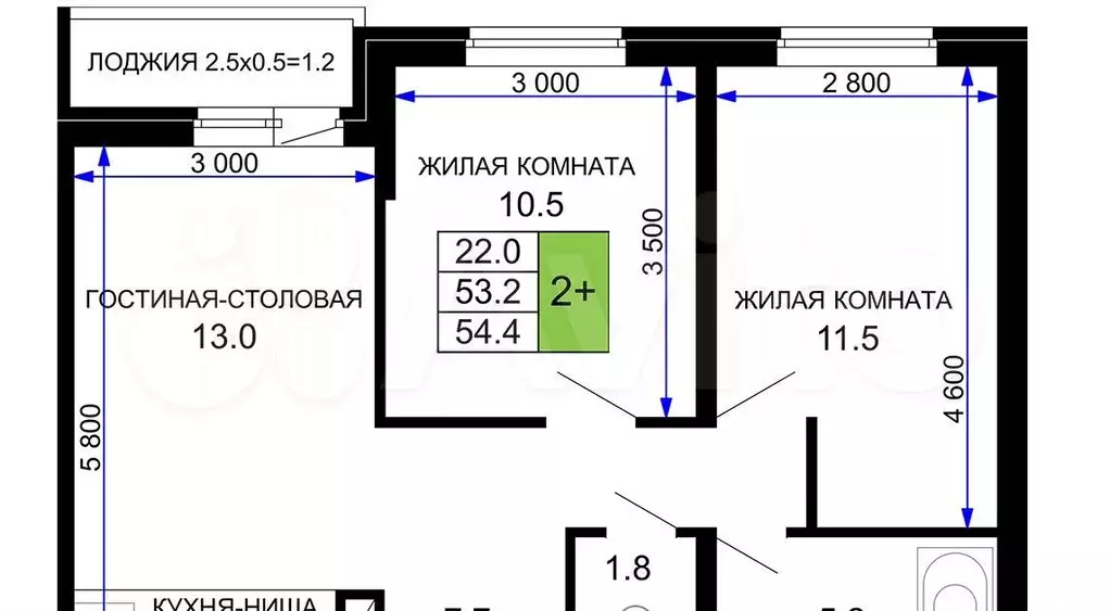 2-к. квартира, 54,4 м, 7/16 эт. - Фото 0