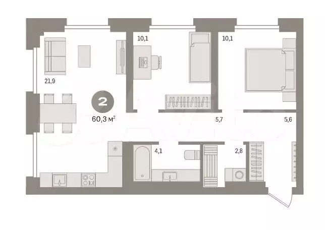 2-к. квартира, 60,3м, 3/9эт. - Фото 1