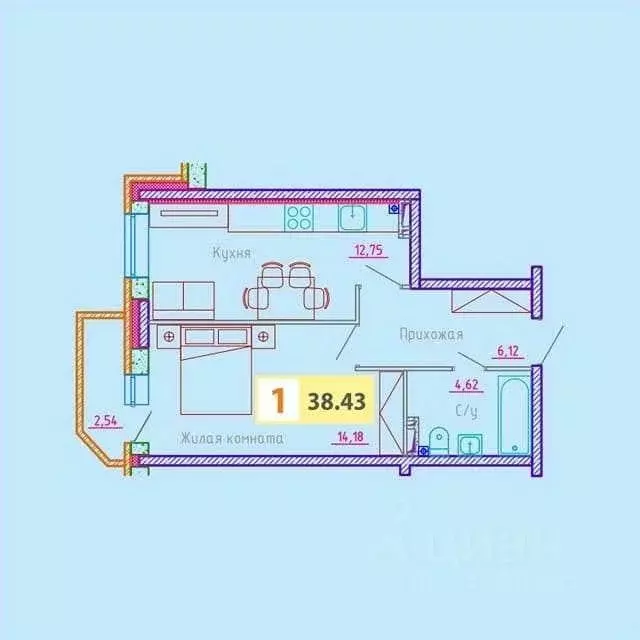 1-к кв. Архангельская область, Архангельск ул. Гайдара, 57к2 (38.43 м) - Фото 0