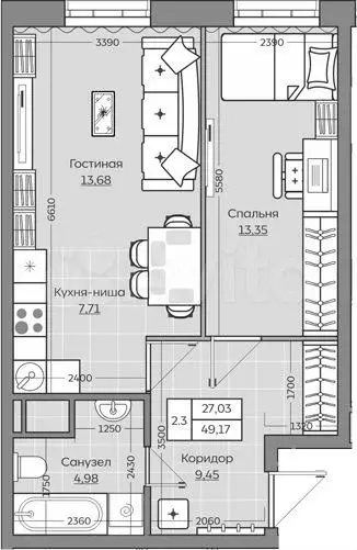 2-к. квартира, 49,2м, 11/25эт. - Фото 1