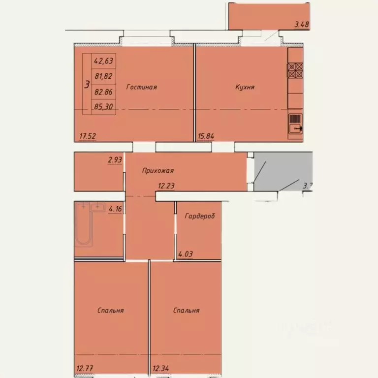 3-к кв. Тамбовская область, Тамбов ул. Гастелло, 109Б (85.3 м) - Фото 1