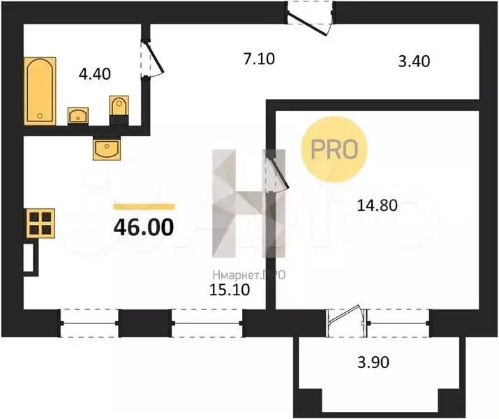 1-к. квартира, 46 м, 4/4 эт. - Фото 1
