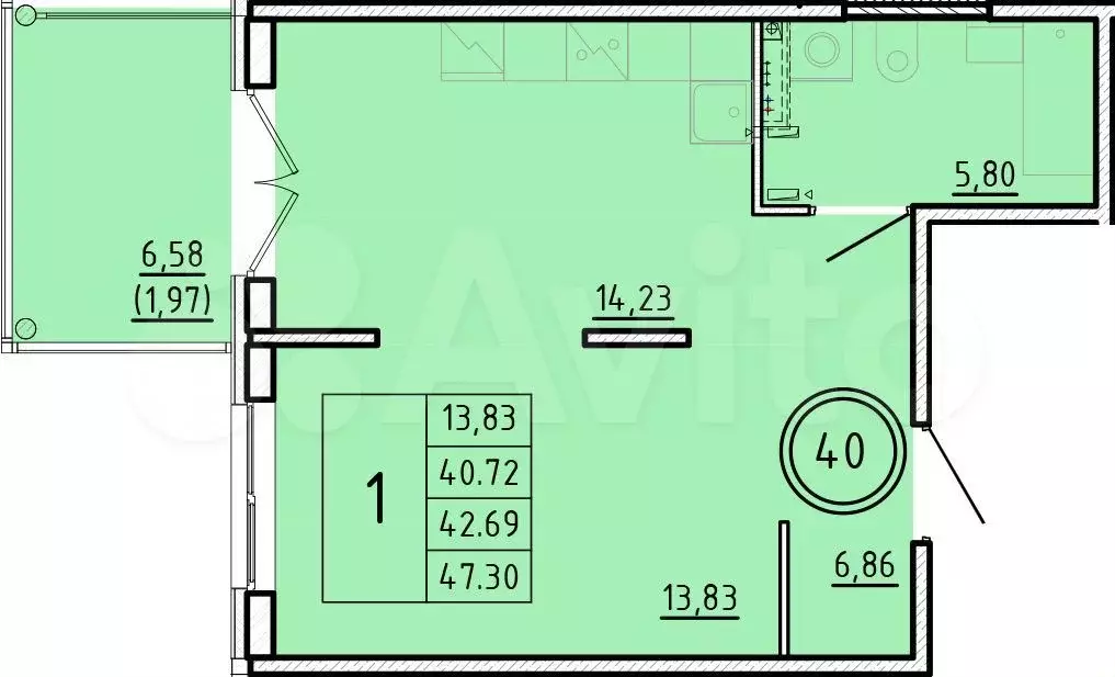 1-к. квартира, 40,7 м, 1/4 эт. - Фото 0