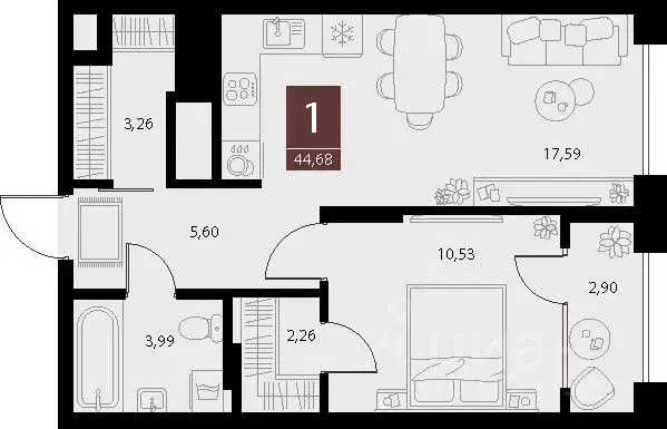 1-к кв. Рязанская область, Рязань ул. Бирюзова, 20с1 (44.68 м) - Фото 1
