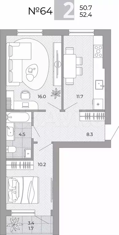 2-к. квартира, 52,4 м, 3/4 эт. - Фото 0